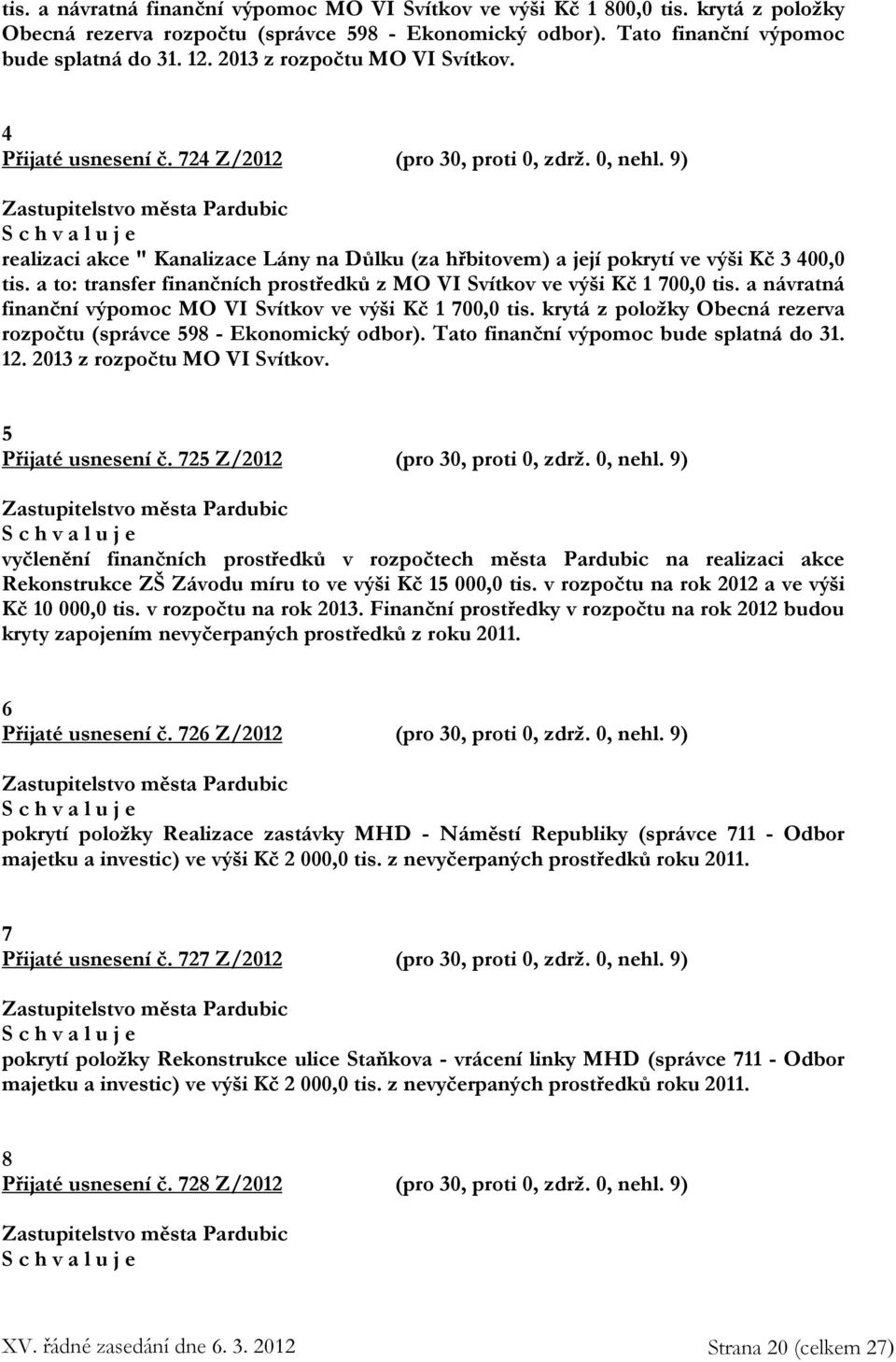 a to: transfer finančních prostředků z MO VI Svítkov ve výši Kč 1 700,0 tis. a návratná finanční výpomoc MO VI Svítkov ve výši Kč 1 700,0 tis.