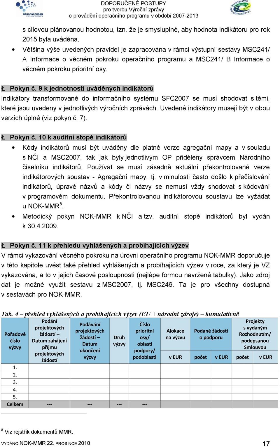 9 k jednotnosti uváděných indikátorů Indikátory transformované do informačního systému SFC2007 se musí shodovat s těmi, které jsou uvedeny v jednotlivých výročních zprávách.