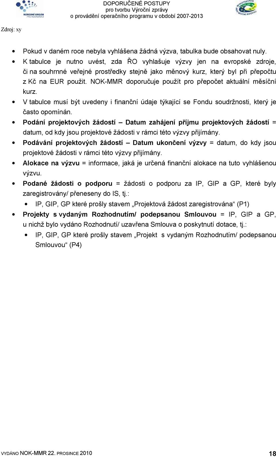 NOK-MMR doporučuje použít pro přepočet aktuální měsíční kurz. V tabulce musí být uvedeny i finanční údaje týkající se Fondu soudržnosti, který je často opomínán.