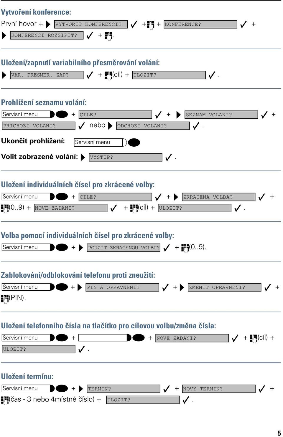 pomocí individuálních čísel pro zkrácené volby: Servisní menu + + (09) Zablokování/odblokování telefonu proti zneužití: Servisní menu + + + (PIN) Uložení