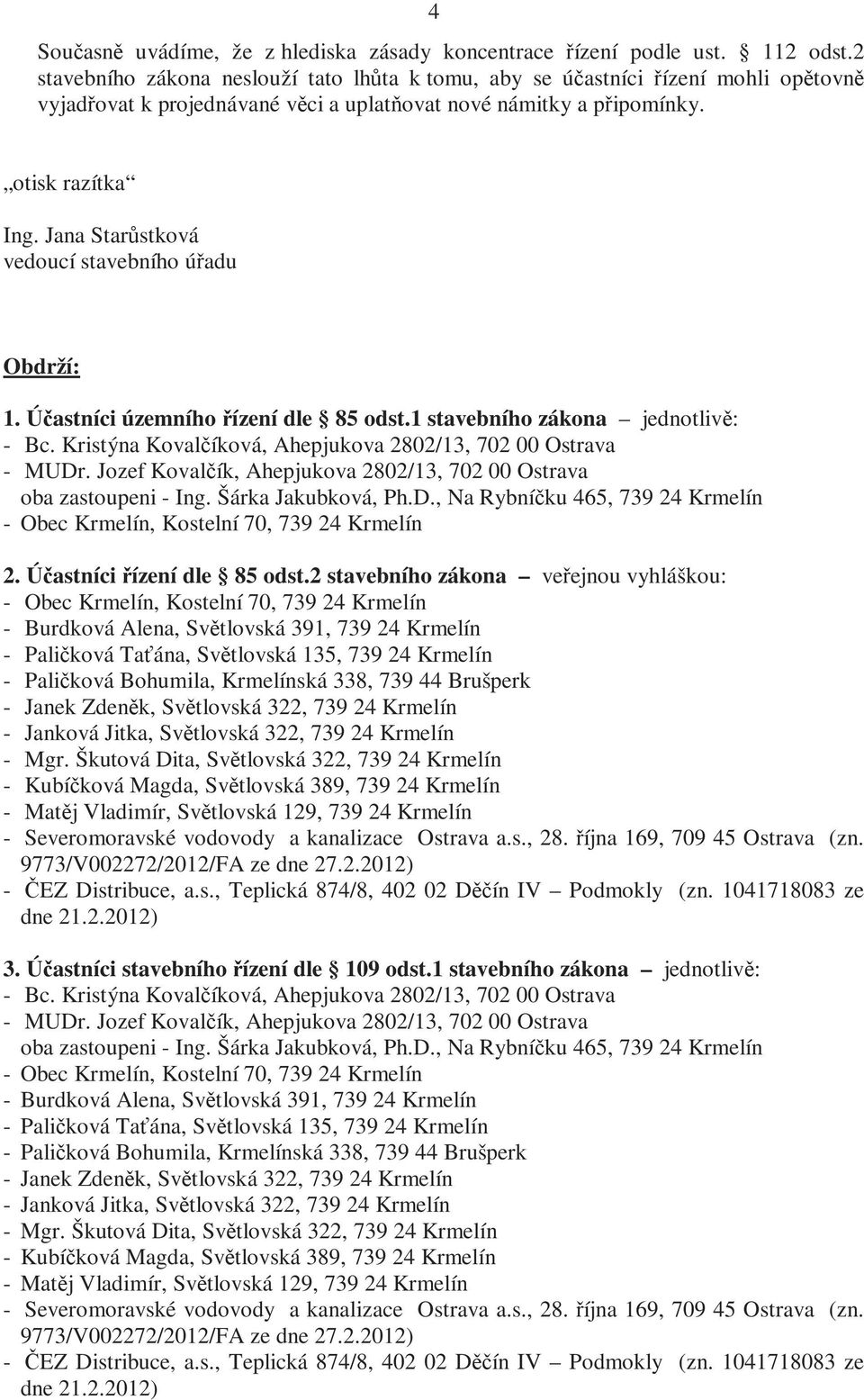 Jana Starůstková vedoucí stavebního úřadu Obdrží: 1. Účastníci územního řízení dle 85 odst.1 stavebního zákona jednotlivě: - Bc. Kristýna Kovalčíková, Ahepjukova 2802/13, 702 00 Ostrava - MUDr.