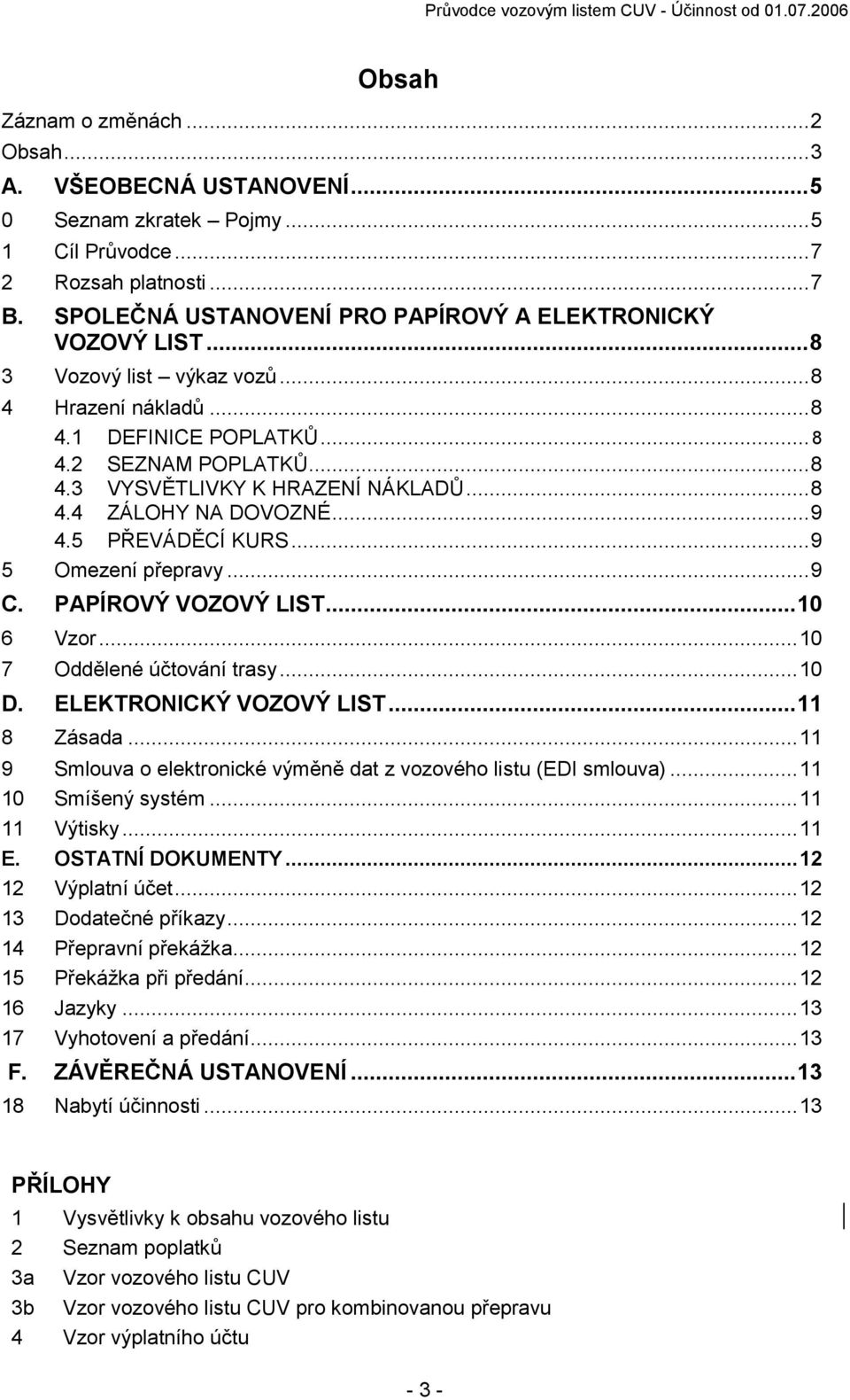 .. 8 4.4 ZÁLOHY NA DOVOZNÉ... 9 4.5 PŘEVÁDĚCÍ KURS... 9 5 Omezení přepravy... 9 C. PAPÍROVÝ VOZOVÝ LIST... 10 6 Vzor... 10 7 Oddělené účtování trasy... 10 D. ELEKTRONICKÝ VOZOVÝ LIST... 11 8 Zásada.