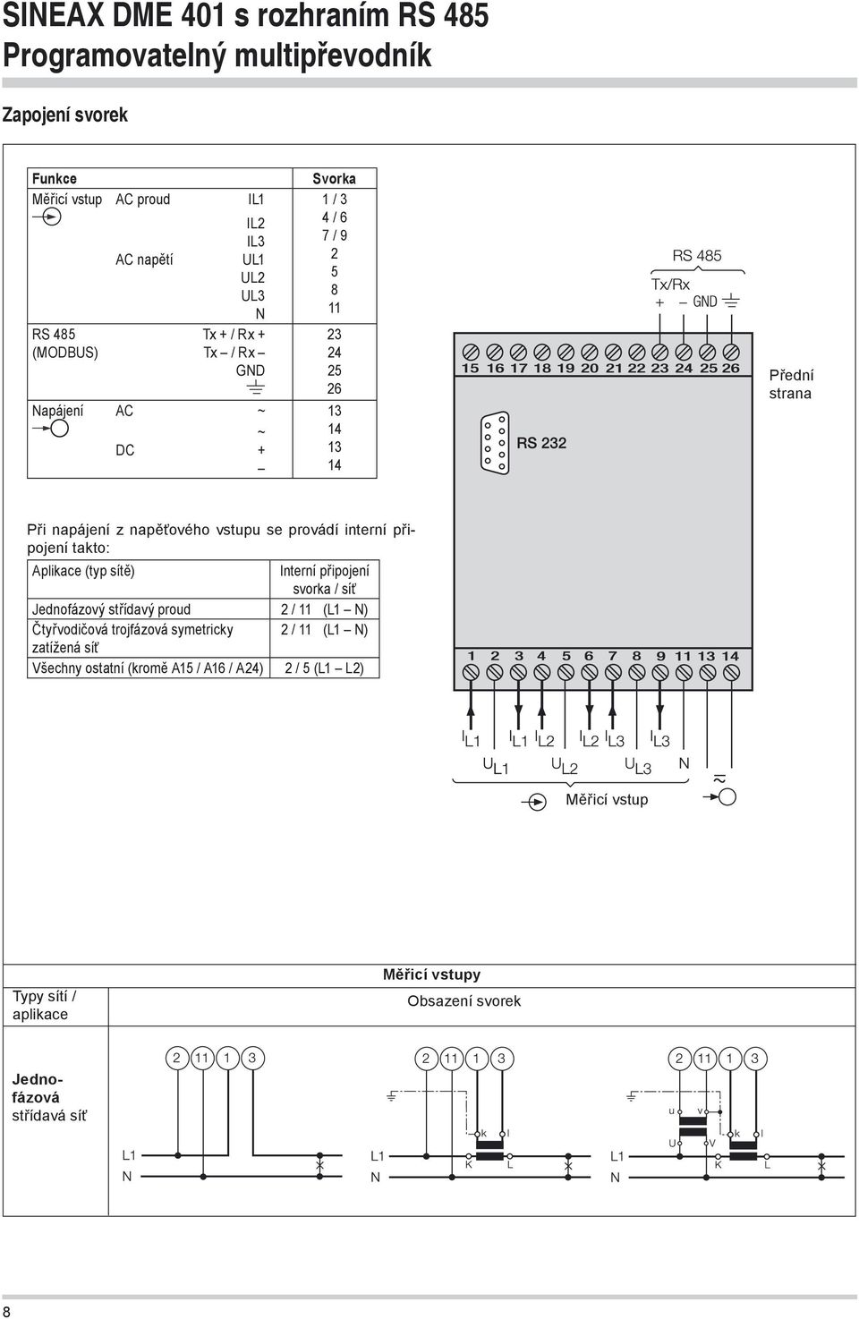 takto: Aplikace (typ sítě) Interní připojení svorka / síť Jednofázový střídavý proud 2 / 11 (L1 N) Čtyřvodičová symetricky 2 / 11 (L1 N)