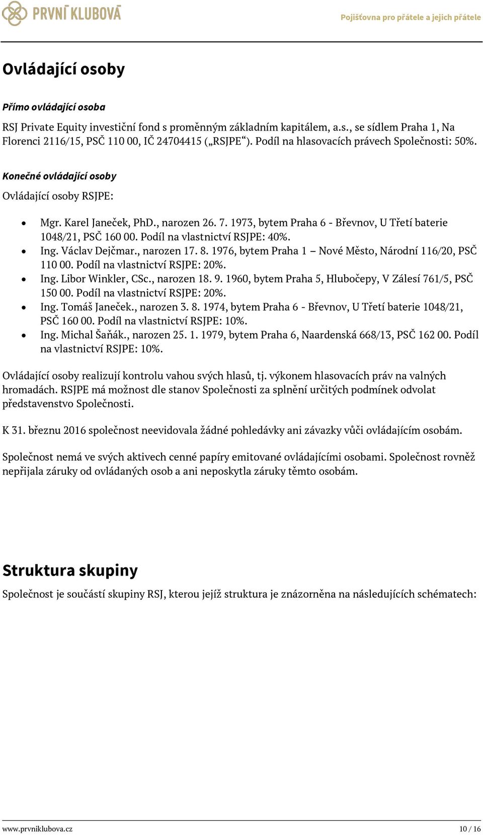 1973, bytem Praha 6 - Břevnov, U Třetí baterie 1048/21, PSČ 160 00. Podíl na vlastnictví RSJPE: 40%. Ing. Václav Dejčmar., narozen 17. 8. 1976, bytem Praha 1 Nové Město, Národní 116/20, PSČ 110 00.