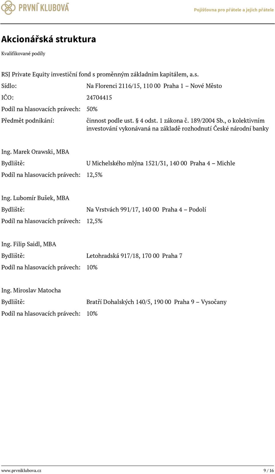 Marek Orawski, MBA Bydliště: U Michelského mlýna 1521/31, 140 00 Praha 4 Michle Podíl na hlasovacích právech: 12,5% Ing.