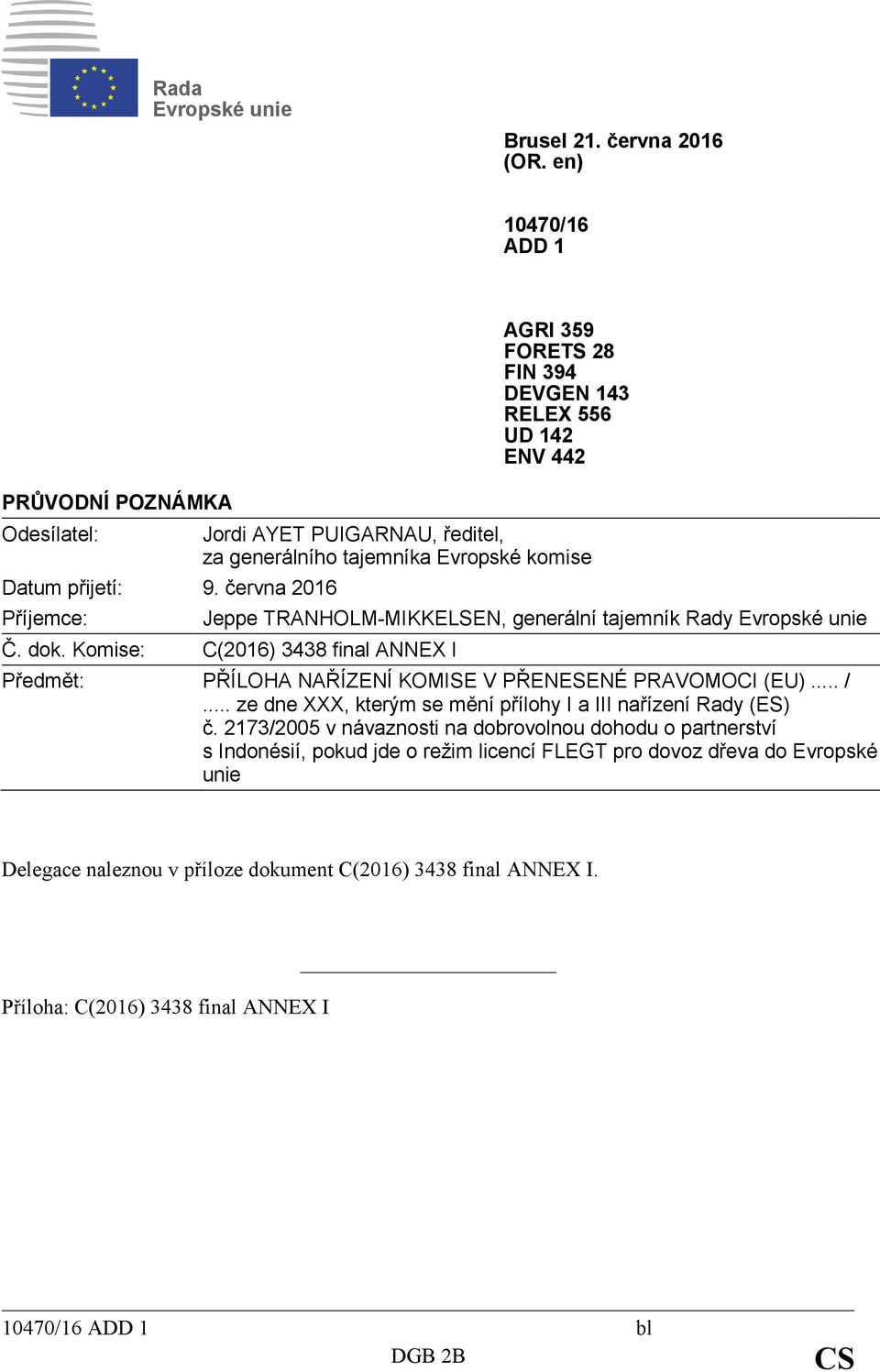 tajemník Rady Evropské unie Č. dok. Komise: C(2016) 3438 final ANNEX I Předmět: PŘÍLOHA NAŘÍZENÍ KOMISE V PŘENESENÉ PRAVOMOCI (EU)... /.