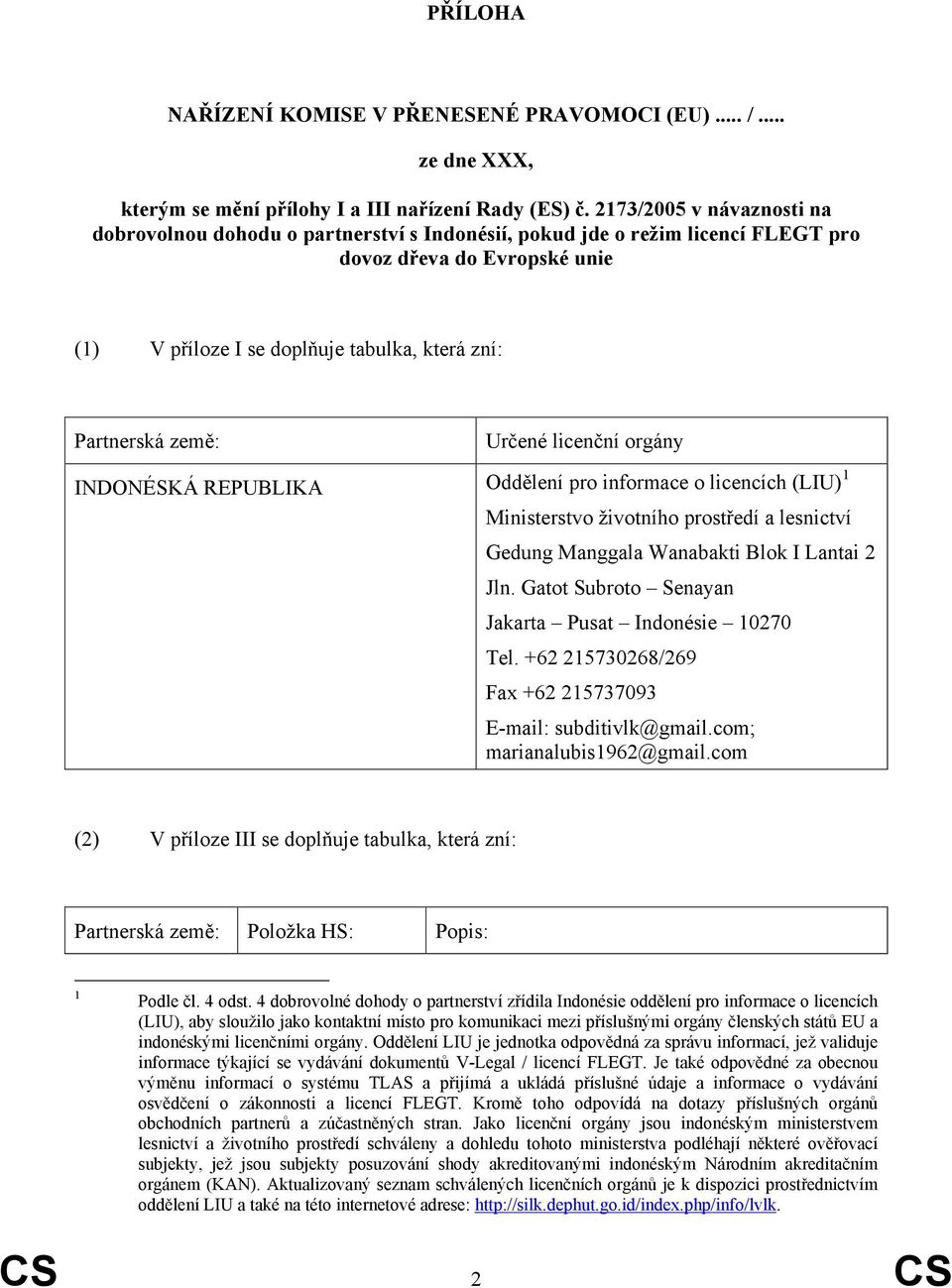 země: Určené licenční orgány INDONÉSKÁ REPUBLIKA Oddělení pro informace o licencích (LIU) 1 Ministerstvo životního prostředí a lesnictví Gedung Manggala Wanabakti Blok I Lantai 2 Jln.