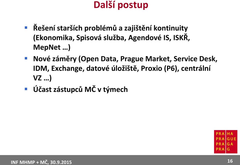 záměry (Open Data, Prague Market, Service Desk, IDM, Exchange,