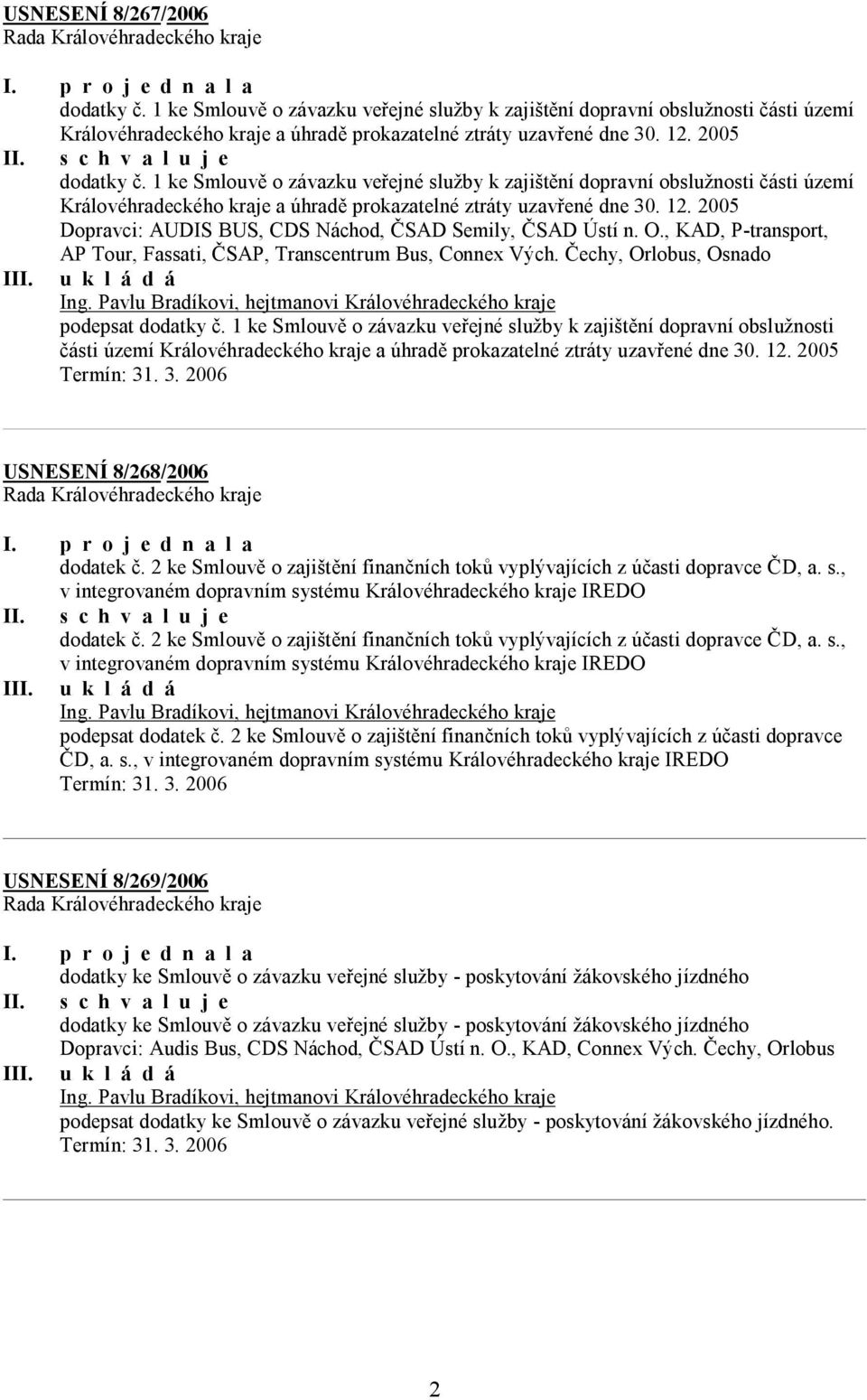 2005 Dopravci: AUDIS BUS, CDS Náchod, ČSAD Semily, ČSAD Ústí n. O., KAD, P-transport, AP Tour, Fassati, ČSAP, Transcentrum Bus, Connex Vých. Čechy, Orlobus, Osnado III. u k l á d á Ing.
