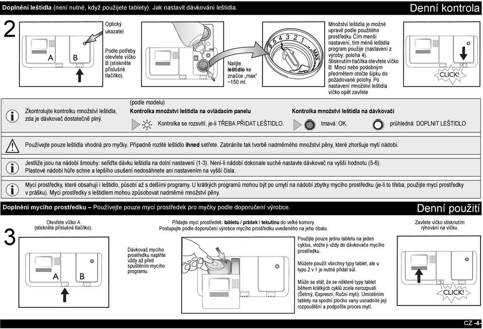 (podle modelu) Kontrolka množství leštidla na ovládacím panelu Množství leštidla je možné upravit podle použitého prostředku Čím menší nastavení, tím méně leštidla program použije (nastavení z