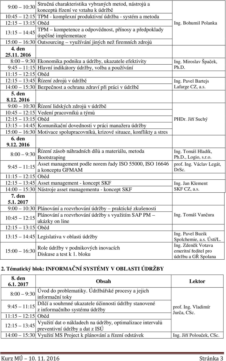 Miroslav Špaček, Hlavní indikátory údržby, volba a používání Ph.D. 12:15 13:45 Řízení zdrojů v údržbě Ing. Pavel Bartejs 14:00 15:30 Bezpečnost a ochrana zdraví při práci v údržbě Lafarge CZ, a.s. 5.