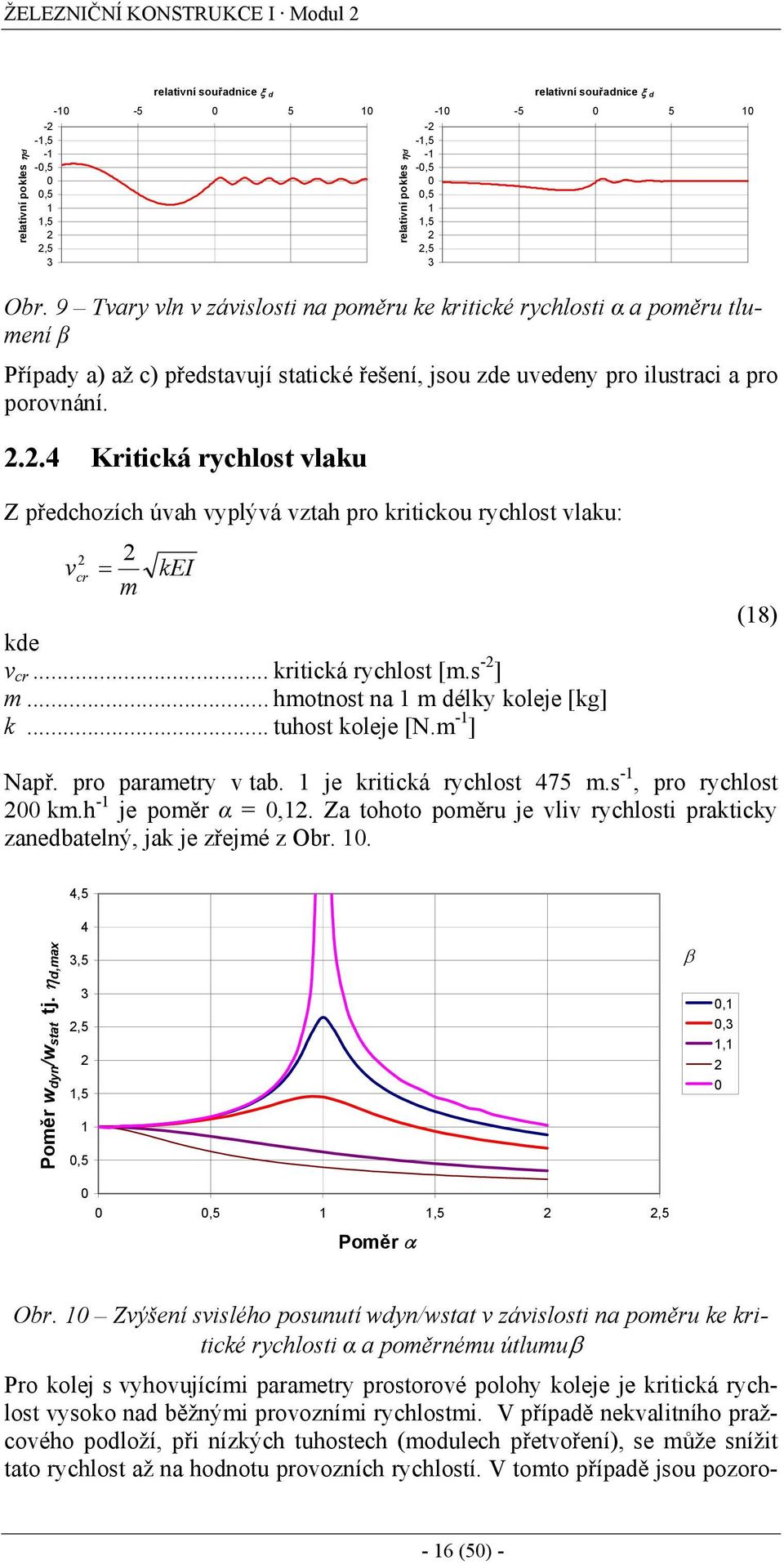 ..4 Kritická rychlost vlaku Z předchozích úvah vyplývá vztah pro kritickou rychlost vlaku: v cr = m kei kde v cr... kritická rychlost [m.s - ] m... hmotnost na m délky koleje [kg] k... tuhost koleje [N.