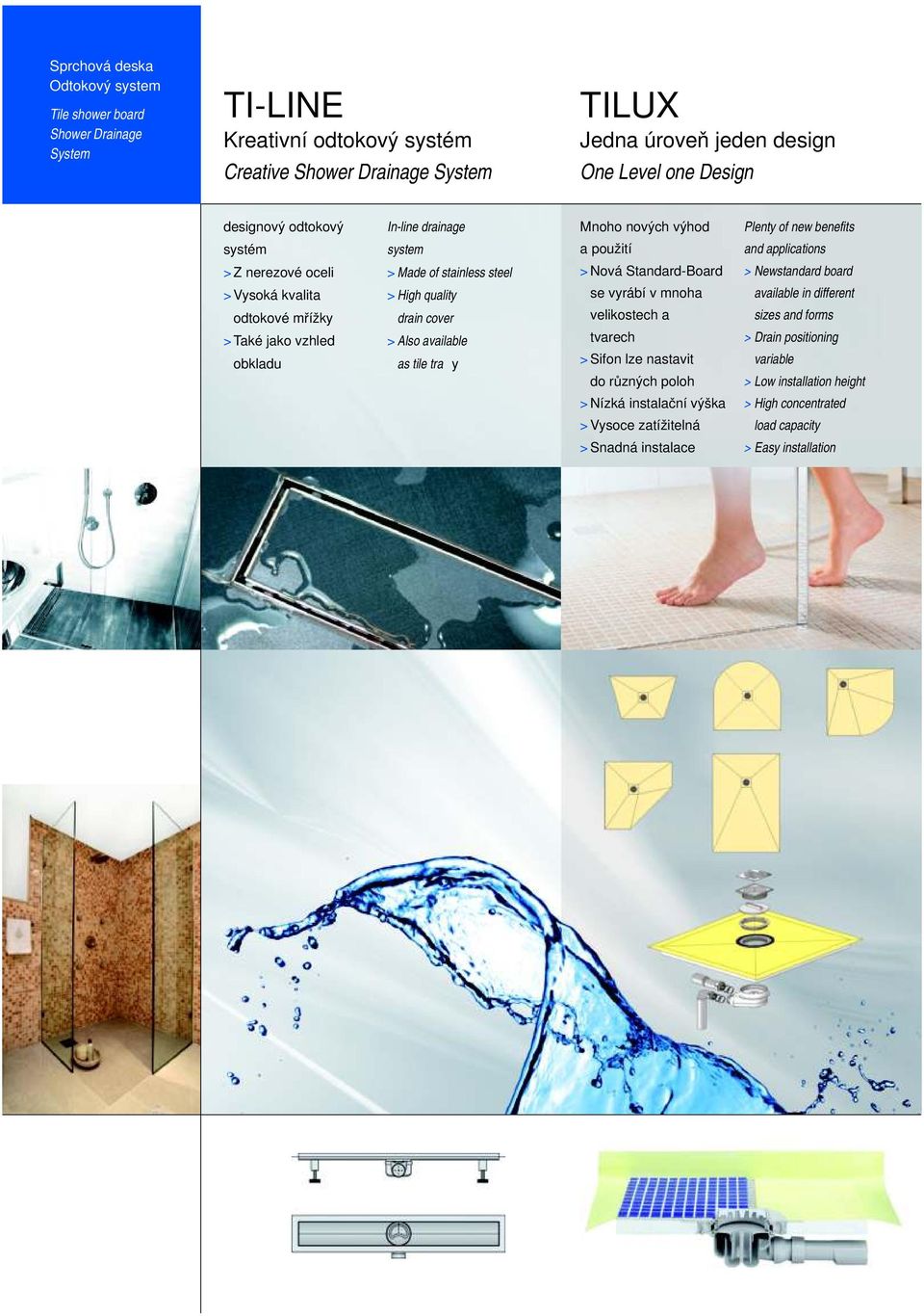 as tile tra y Mnoho nových výhod a použití > Nová Standard-Board se vyrábí v mnoha velikostech a tvarech > Sifon lze nastavit do různých poloh > Nízká instalační výška > Vysoce zatížitelná > Snadná