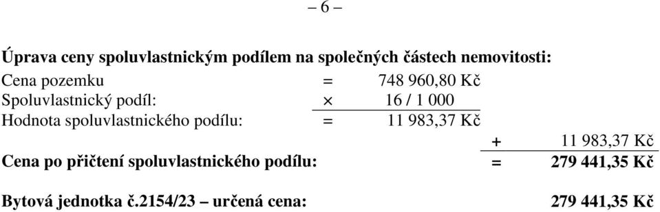 spoluvlastnického podílu: = 11 983,37 Kč + 11 983,37 Kč Cena po přičtení