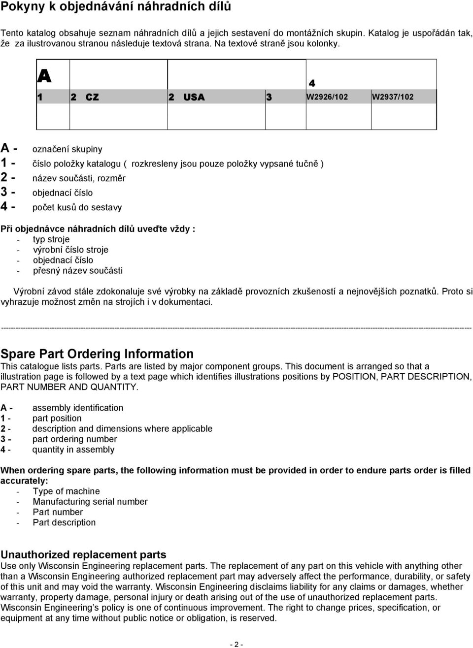 A 4 1 2 CZ 2 USA 3 W2926/102 W2937/102 A - označení skupiny 1 - číslo položky katalogu ( rozkresleny jsou pouze položky vypsané tučně ) 2 - název součásti, rozměr 3 - objednací číslo 4 - počet kusů
