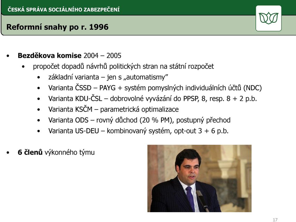 s automatismy Varianta ČSSD PAYG + systém pomyslných individuálních účtů (NDC) Varianta KDU-ČSL dobrovolné