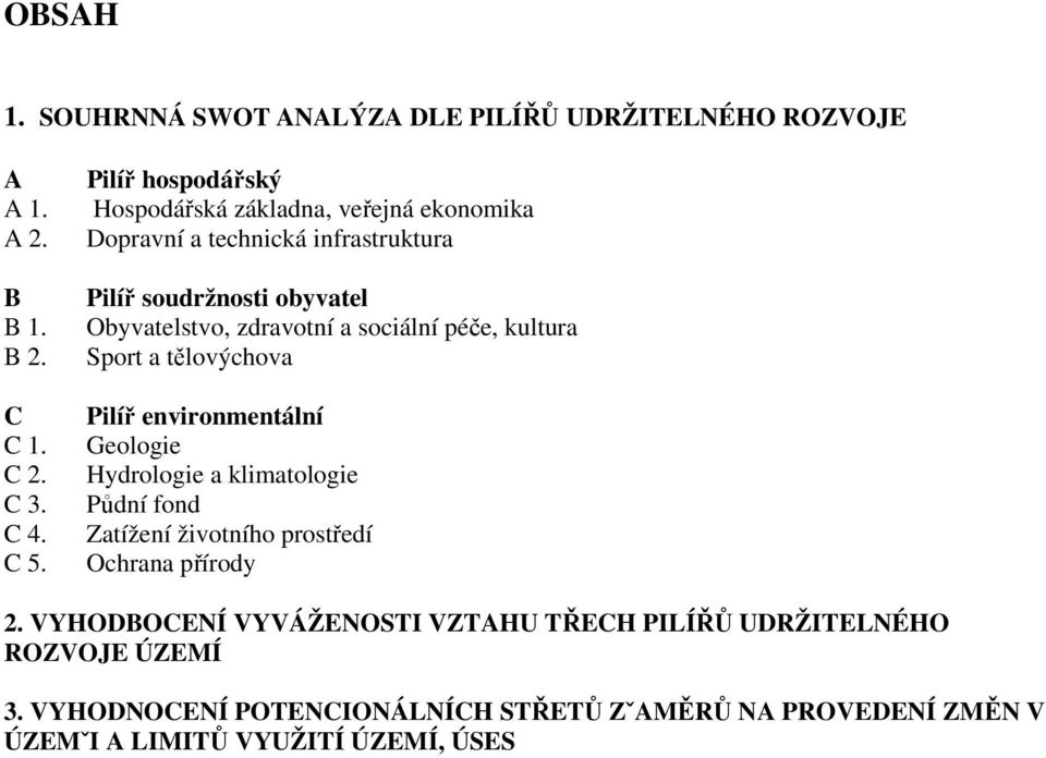 sociální péče, kultura Sport a tělovýchova Pilíř environmentální Geologie Hydrologie a klimatologie Půdní fond Zatížení životního prostředí Ochrana