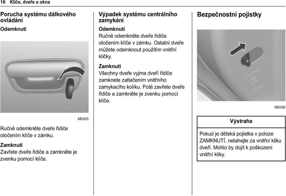 Poté zavřete dveře řidiče a zamkněte je zvenku pomocí klíče. Bezpečnostní pojistky MD006 Ručně odemkněte dveře řidiče otočením klíče v zámku.