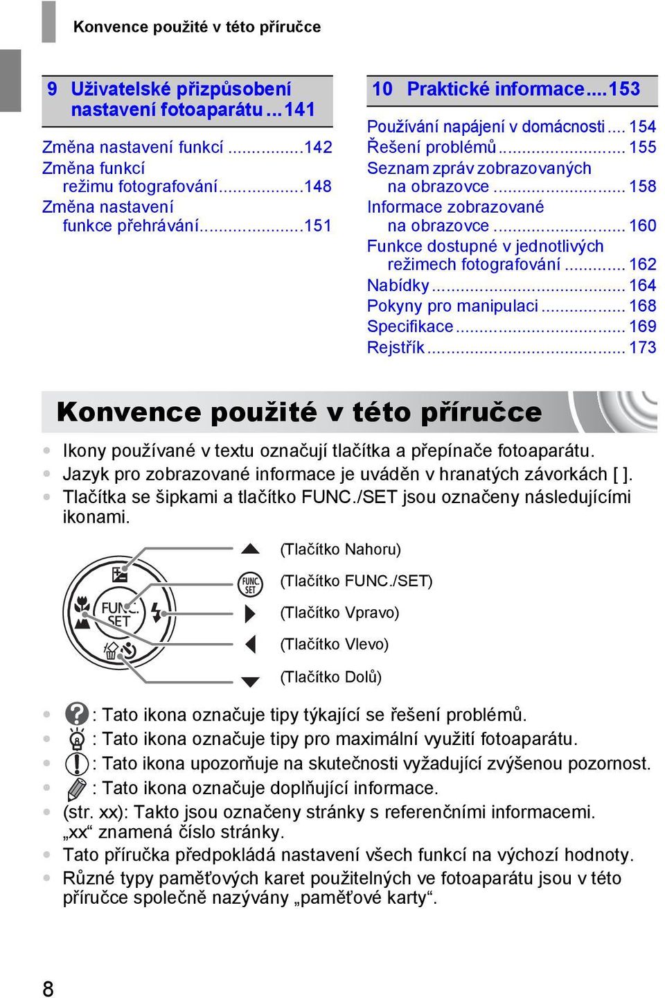 .. 160 Funkce dostupné v jednotlivých režimech fotografování... 162 Nabídky... 164 Pokyny pro manipulaci... 168 Specifikace... 169 Rejstřík.