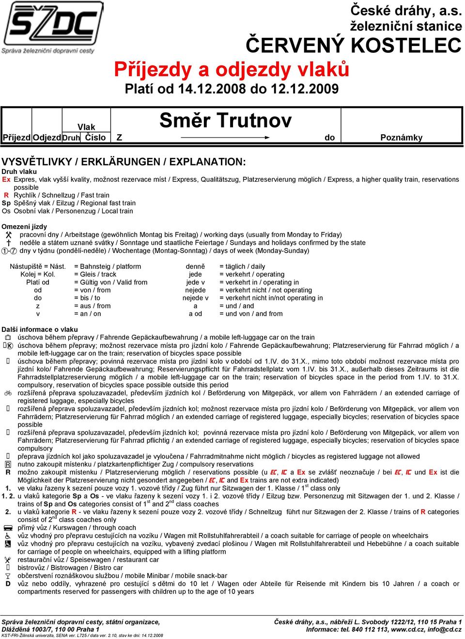 12.2009 Směr Trutnov Vlak Příjezd Odjezd Druh Číslo Z do Poznámky VYSVĚTLIVKY / ERKLÄRUNGEN / EXPLANATION: Druh vlaku Ex Expres, vlak vyšší kvality, možnost rezervace míst / Express, Qualitätszug,