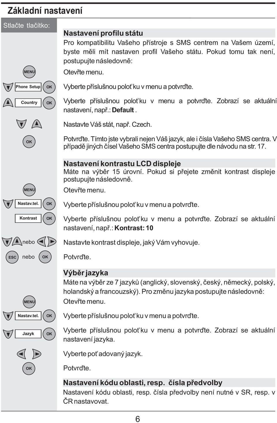 : Default. Nastavte Váš stát, napø. Czech. Potvrïte. Tímto jste vybrali nejen Váš jazyk, ale i èísla Vašeho SMS centra. V pøípadì jiných èísel Vašeho SMS centra postupujte dle návodu na str. 17.