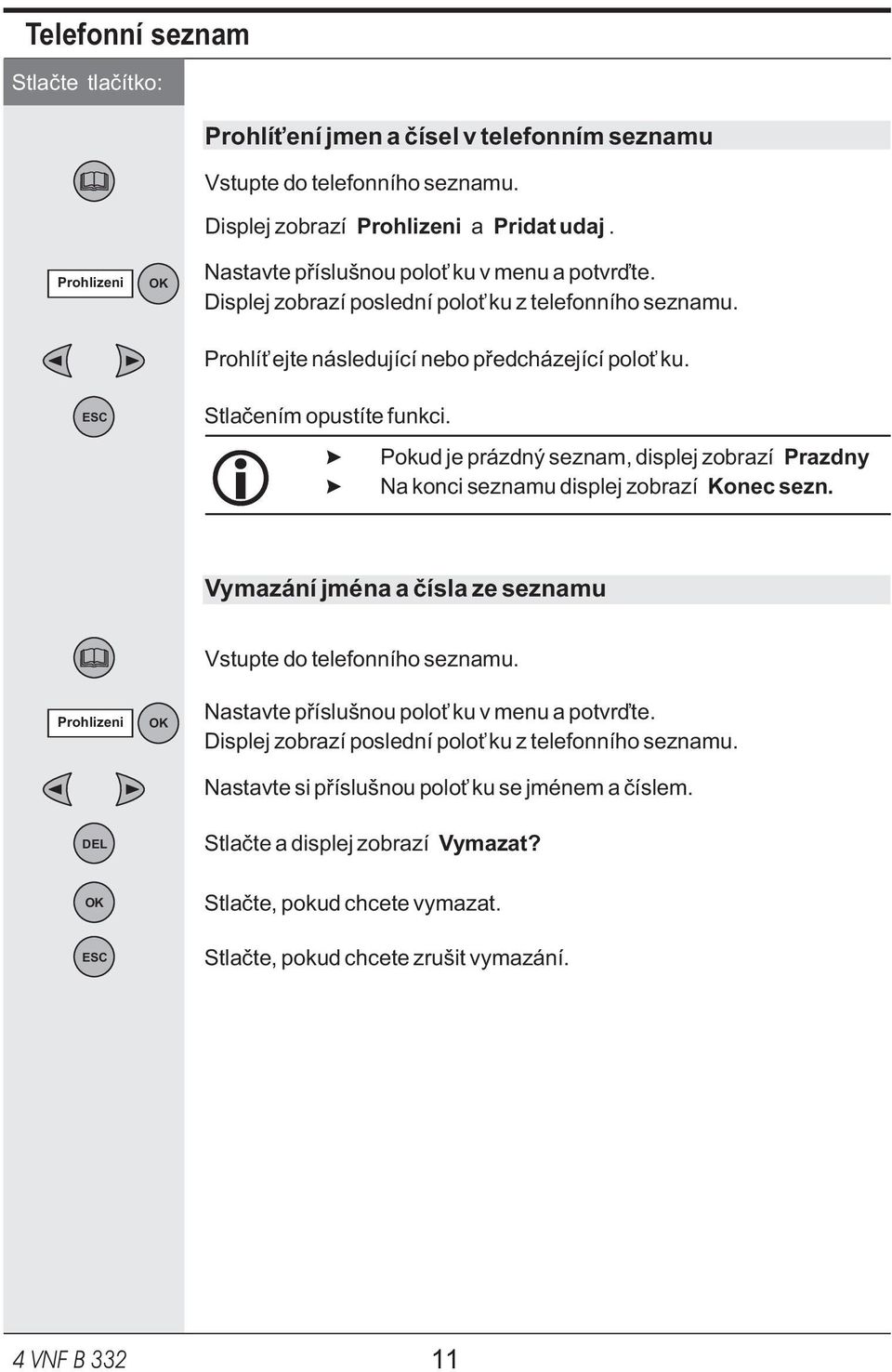 Pokud je prázdný seznam, displej zobrazí Prazdny Na konci seznamu displej zobrazí Konec sezn. Vymazání jména a èísla ze seznamu Prohlizeni DEL Vstupte do telefonního seznamu.