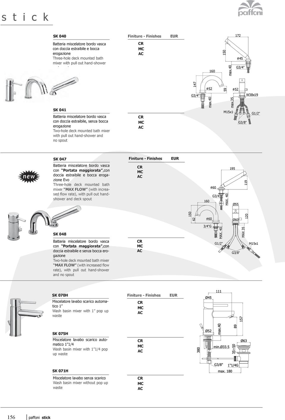 estraibile e bocca erogazione Evo Three-hole deck mounted bath mixer MAX FLOW (with increa- shower and deck spout 160 60 G3/4 MAX.