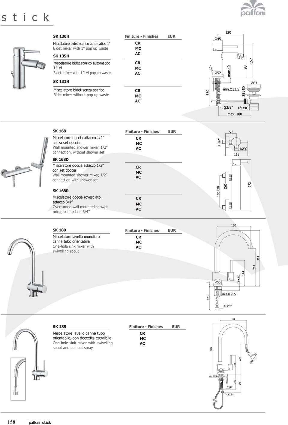 con set doccia Wall mounted shower mixer, 1/2 connection with shower set SK 168R Miscelatore doccia rovesciato, attacco 3/4 Overturned wall mounted shower mixer, connection 3/4 SK 180 Miscelatore