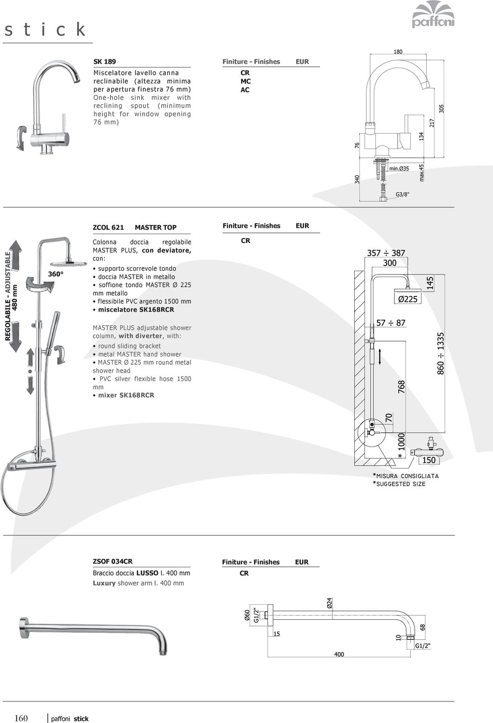 con deviatore, mm metallo miscelatore SK168R MASTER PLUS adjustable shower column, with diverter round sliding bracket metal MASTER hand