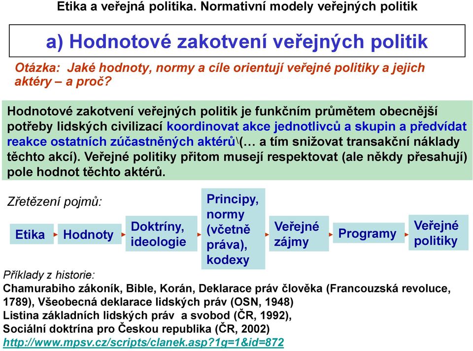 snižovat transakční náklady těchto akcí). Veřejné politiky přitom musejí respektovat (ale někdy přesahují) pole hodnot těchto aktérů.