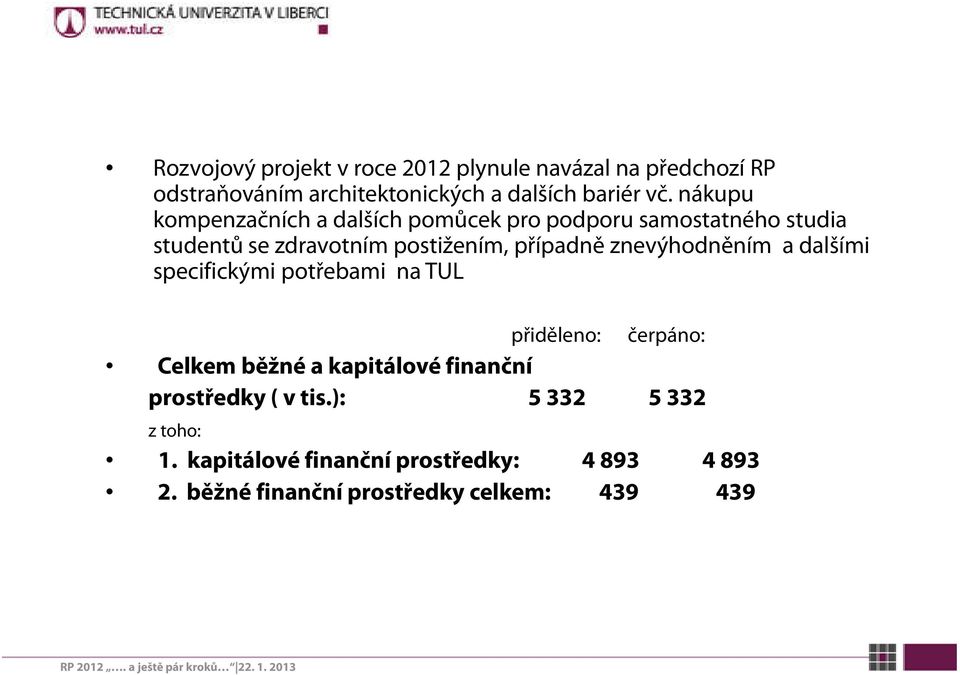 znevýhodněním a dalšími specifickými potřebami na TUL přiděleno: čerpáno: Celkem běžné a kapitálové finanční prostředky ( v tis.