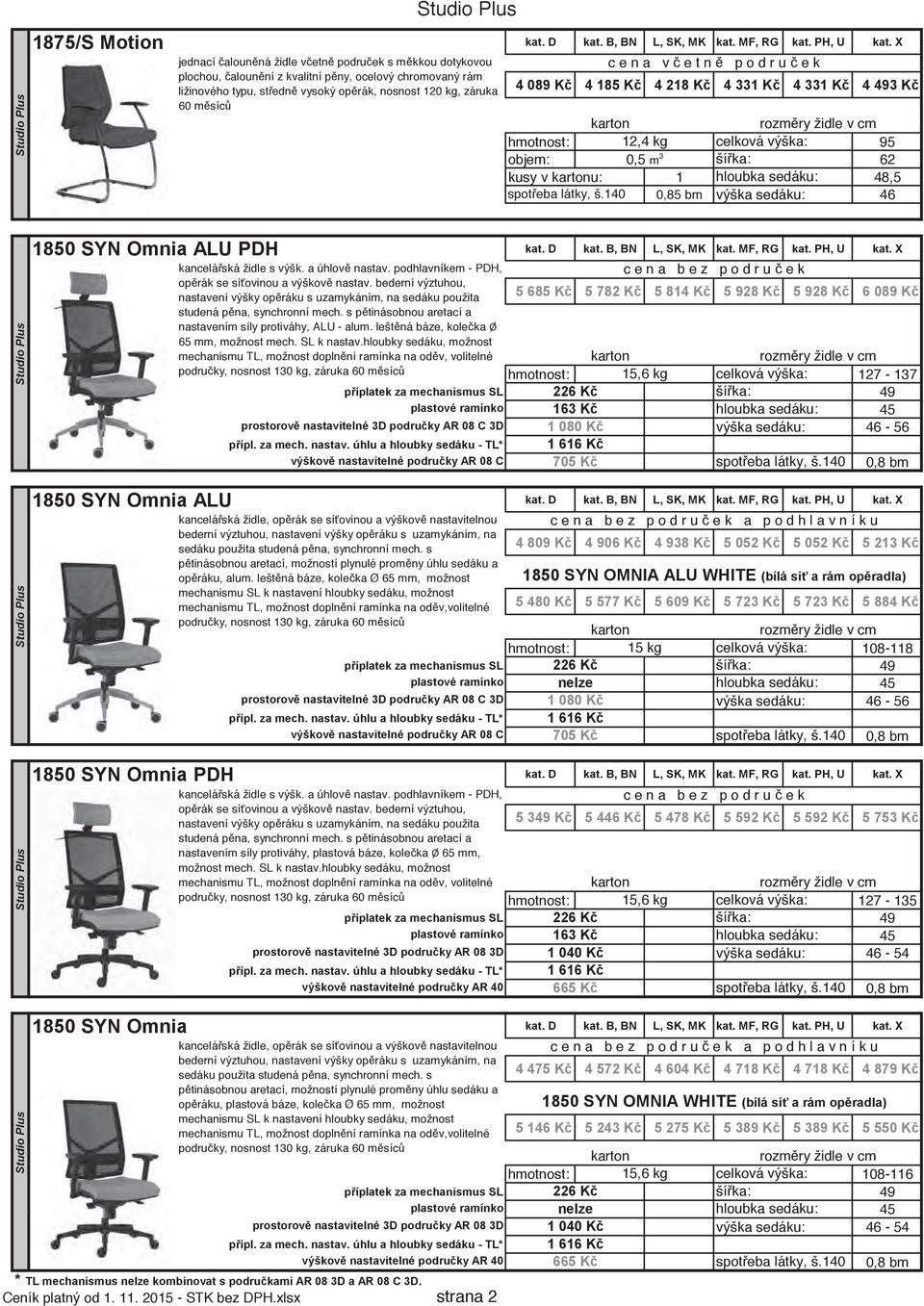 X 5 685 K 5 782 K 5 814 K 5 928 K 5 928 K 6 089 K píplatek za mechanismus SL 226 K plastové ramínko 163 K prostorov nastavitelné 3D podruky AR 08 C 3D 1 080 K pípl. za mech. nastav. úhlu a hloubky sedáku - TL* 1 616 K 1850 SYN Omnia ALU kat.