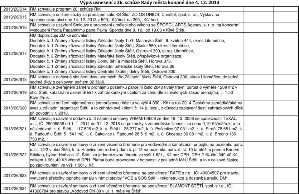 12. od 19.00 v Kině Štětí. RM doporučuje ZM ke schválení: Dodatek č. 1 Změny zřizovací listiny Základní školy T. G. Masaryka Štětí, 9. května 444, okres Litoměřice, Dodatek č.