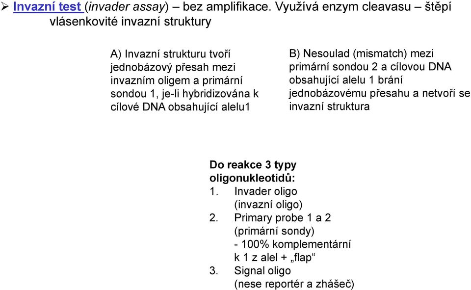 sondou 1, je-li hybridizována k cílové DNA obsahující alelu1 B) Nesoulad (mismatch) mezi primární sondou 2 a cílovou DNA obsahující alelu 1