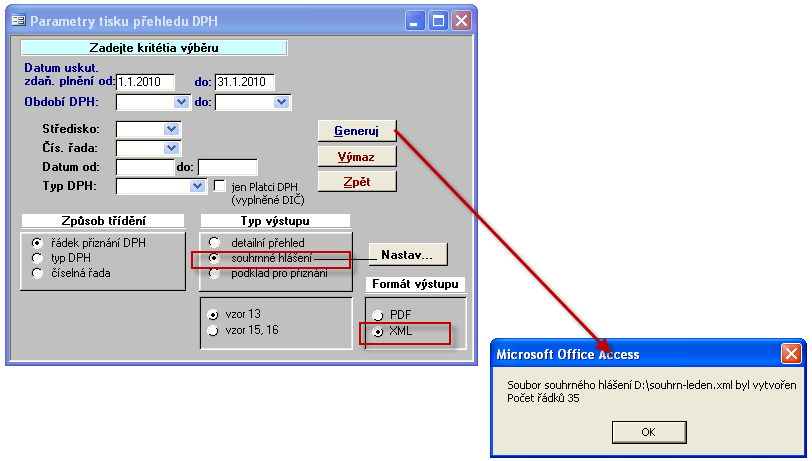 Ekonomika 106 Souhrnné hlášení ve formátu XML V parametrech tisku přehledu DPH přibyl nově pro tiskovou sestavu Souhrnné hlášení i Formát výstupu - PDF, XML.