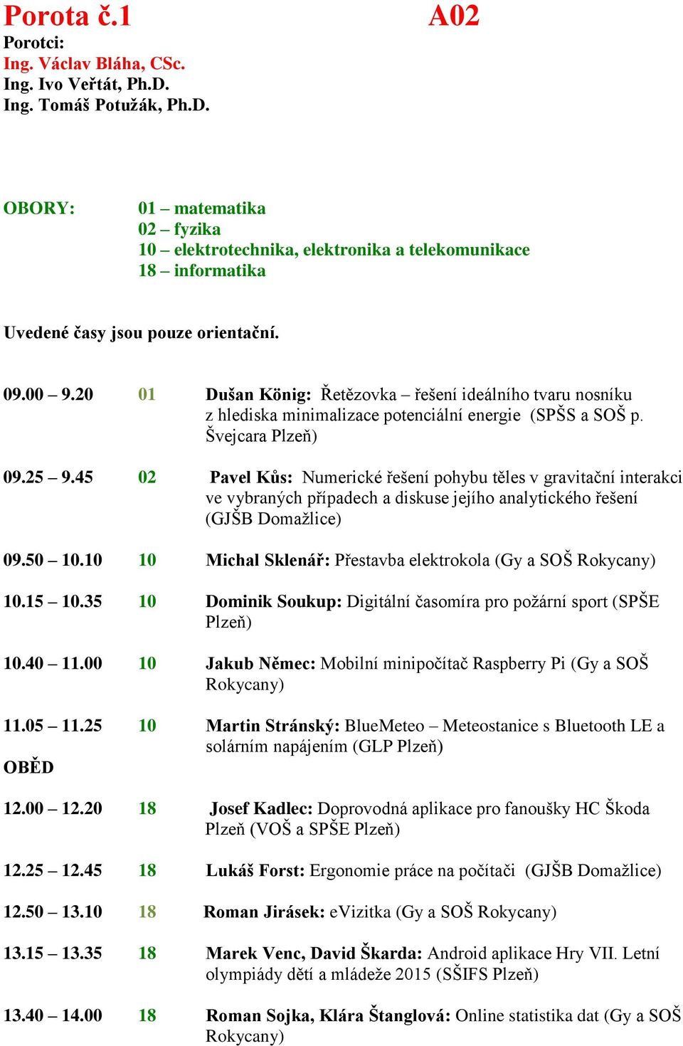 20 01 Dušan Kӧnig: Řetězovka řešení ideálního tvaru nosníku z hlediska minimalizace potenciální energie (SPŠS a SOŠ p. Švejcara Plzeň) 09.25 9.