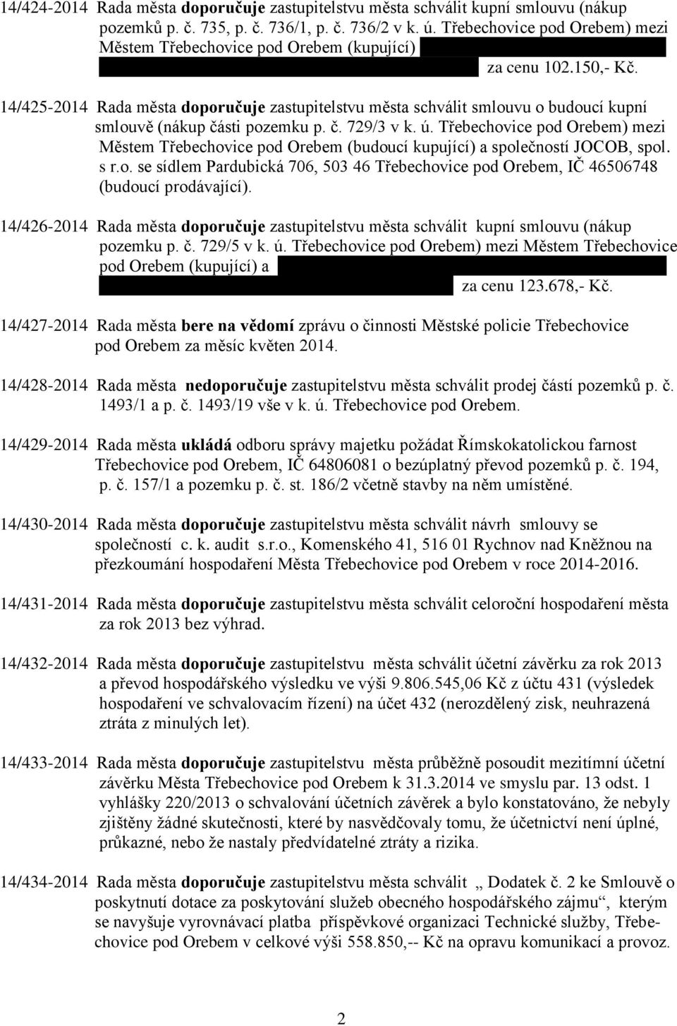 14/425-2014 Rada města doporučuje zastupitelstvu města schválit smlouvu o budoucí kupní smlouvě (nákup části pozemku p. č. 729/3 v k. ú.