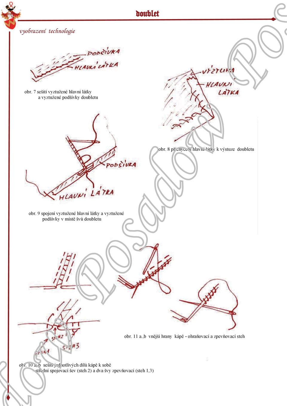 9 spojení vyztužené hlavní látky a vyztužené podšívky v místě švů doubletu obr. 11 a.