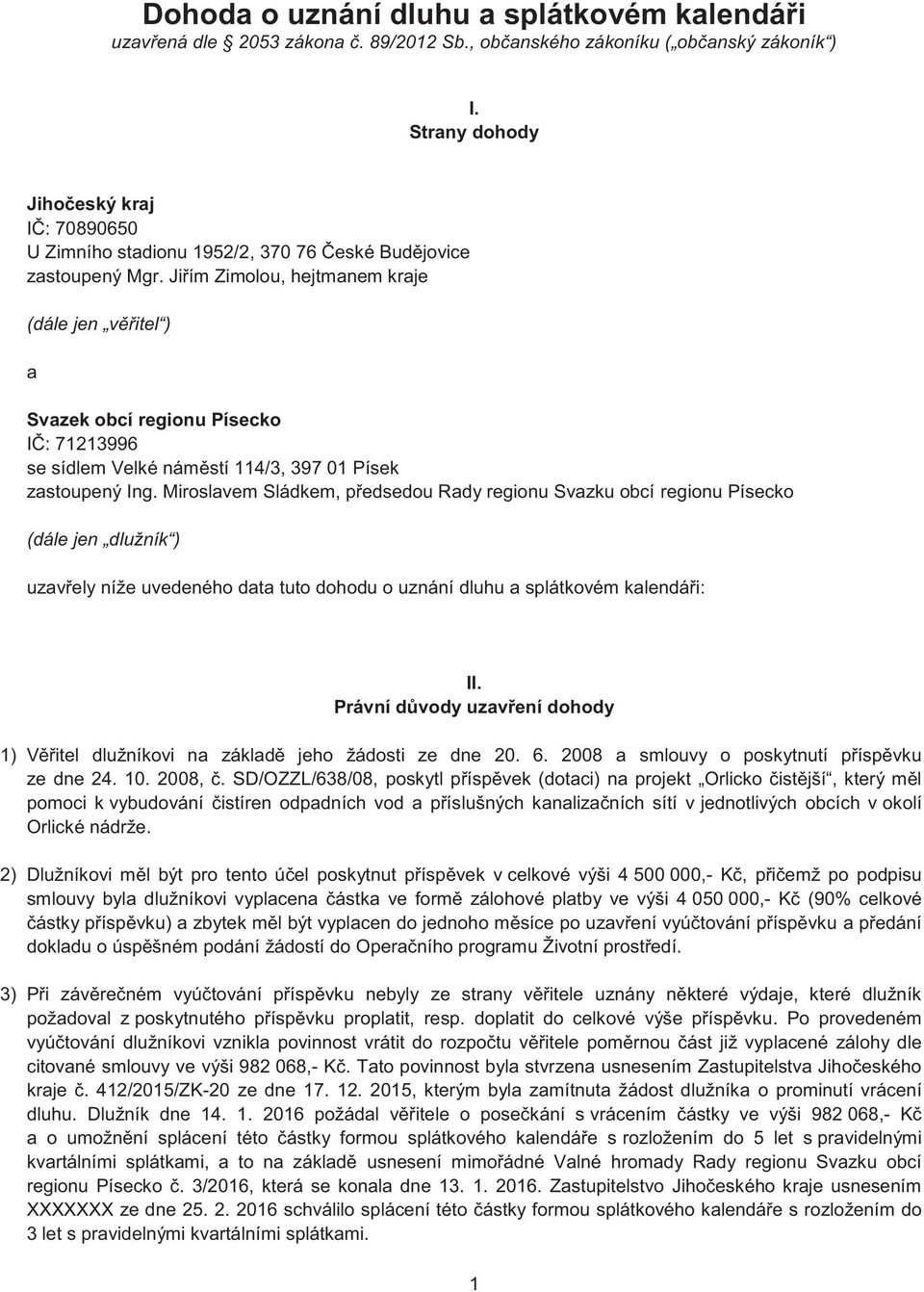 Jiřím Zimolou, hejtmanem kraje (dále jen věřitel ) a Svazek obcí regionu Písecko IČ: 71213996 se sídlem Velké náměstí 114/3, 397 01 Písek zastoupený Ing.