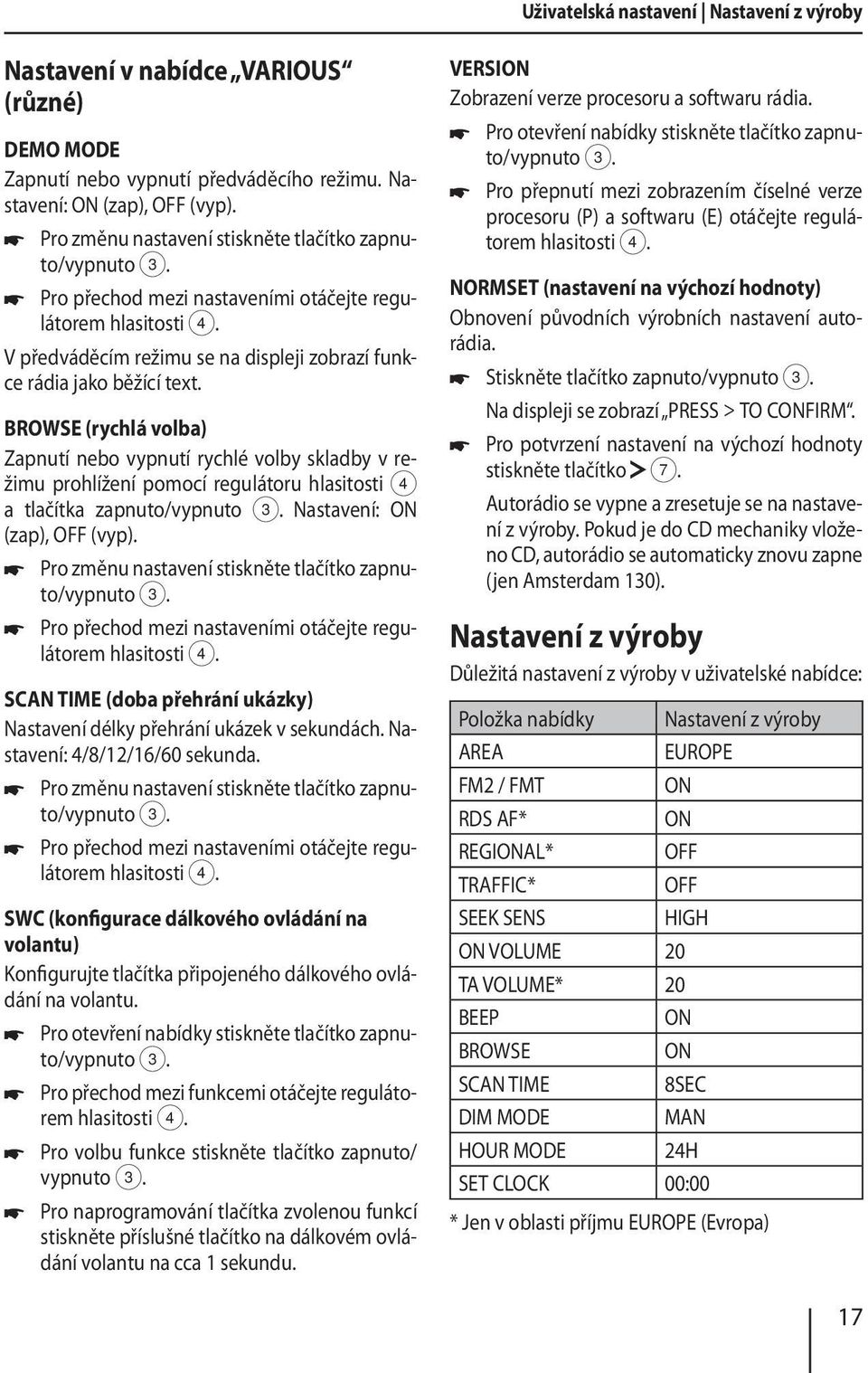 BROWSE (rychlá volba) Zapnutí nebo vypnutí rychlé volby skladby v režimu prohlížení pomocí regulátoru hlasitosti 4 a tlačítka zapnuto/vypnuto Nastavení: ON (zap), OFF (vyp).