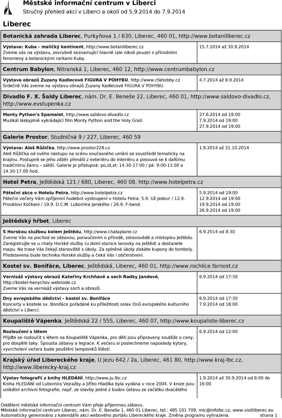 2014 až 30.9.2014 Centrum Babylon, Nitranská 1, Liberec, 460 12, http://www.centrumbabylon.cz Výstava obrazů Zuzany Kadlecové FIGURA V POHYBU, http://www.cfahobby.