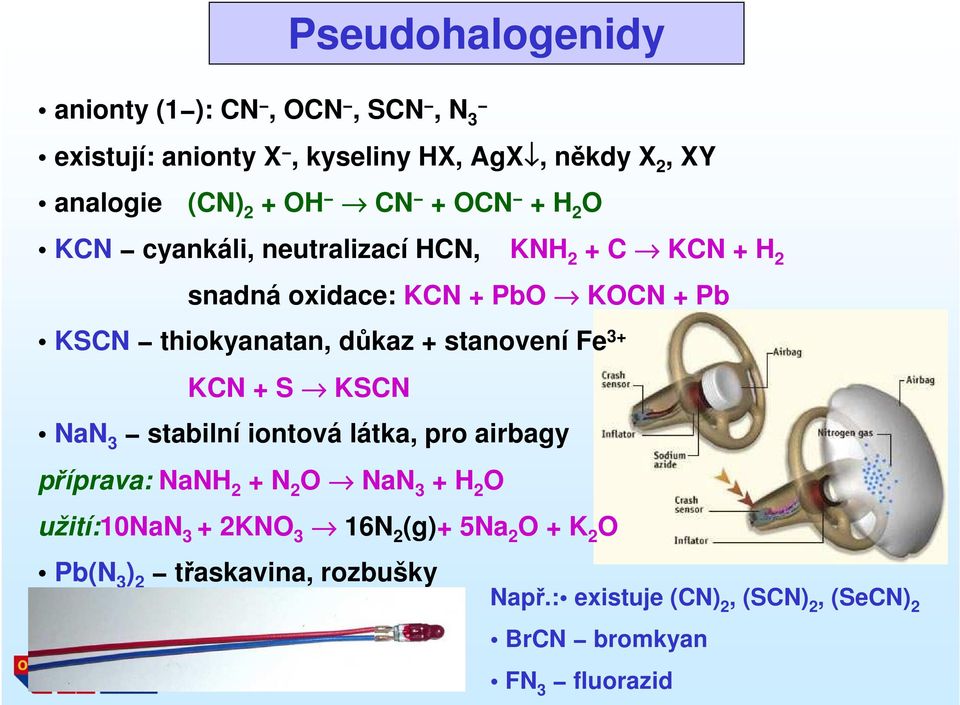 stanovení Fe 3+ KCN + S KSCN NaN 3 stabilní iontová látka, pro airbagy příprava: NaNH 2 + N 2 O NaN 3 + H 2 O užití:10nan 3 +