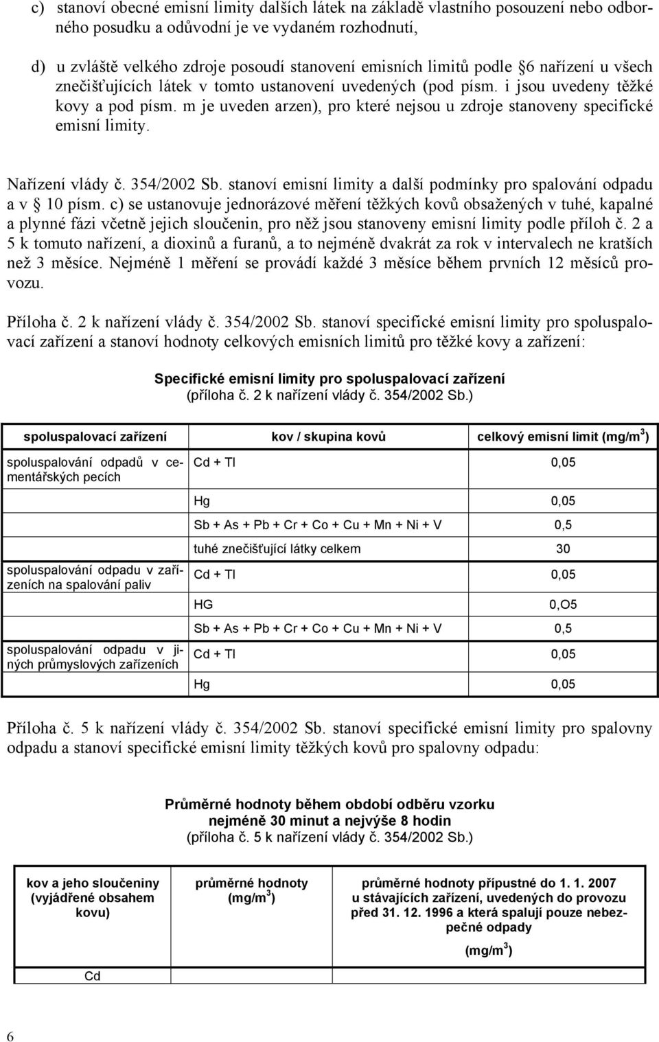 m je uveden arzen), pro které nejsou u zdroje stanoveny specifické emisní limity. Nařízení vlády č. 354/2002 Sb. stanoví emisní limity a další podmínky pro spalování odpadu a v 10 písm.