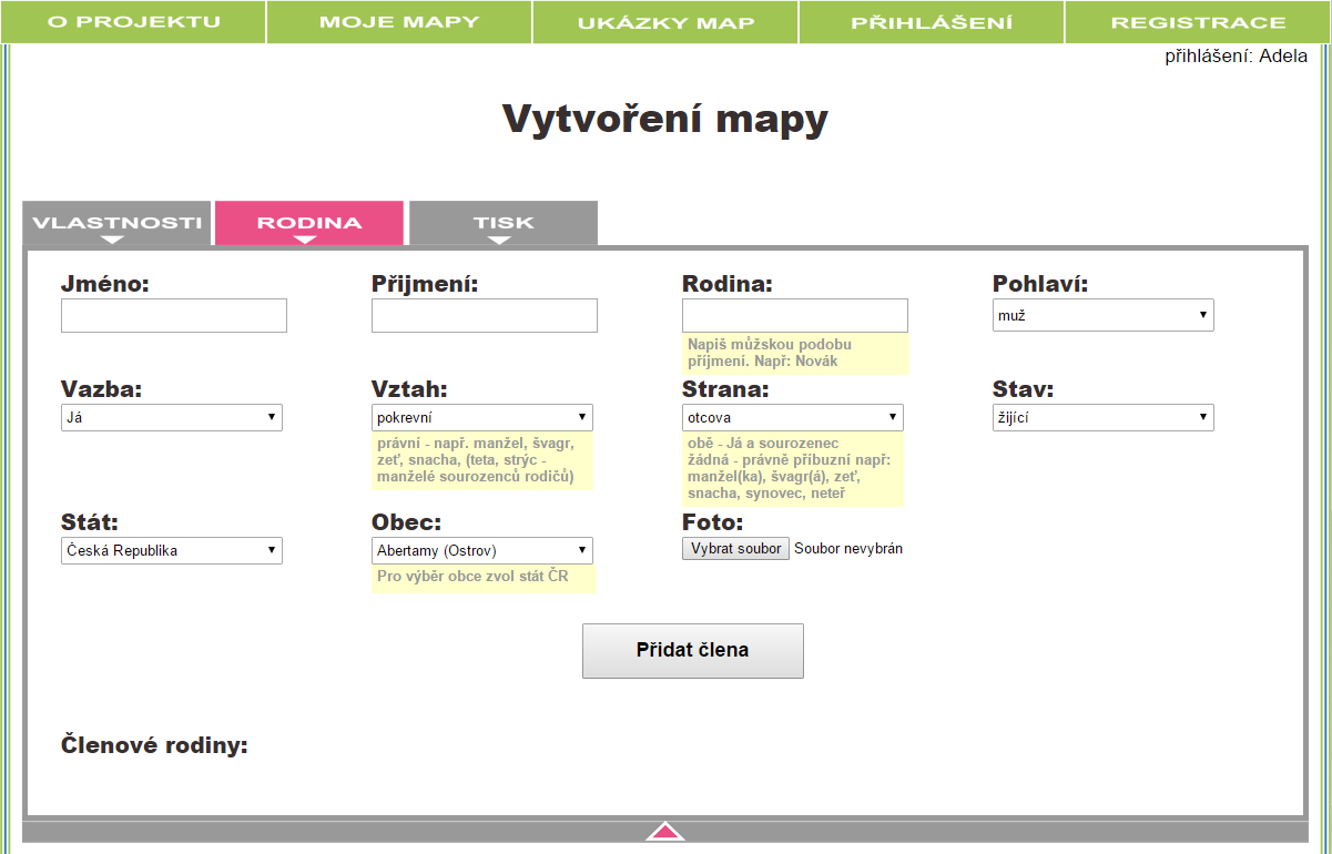 Obr. 5.7 Obsah stránky vytvoření mapy se zobrazenou záložkou vlastnosti. V záložce rodina se přidávají členové rodiny, kteří jsou následně vykresleny v mapě.