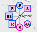 Pokud je člen rodiny zadán v České republice, příslušná obec se vykresli do mapy bodovým znakem (bíle vyplněný kruh s černým ohraničením). K této obci se vykreslují jednotliví členové rodiny.