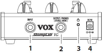 Zadní panel 2. Vložte čtyři AA baterie, dávejte pozor na správnou polaritu (+/ ) a poté zavřete spodní kryt. 1. Jack INPUT Do tohoto jacku zapojte svou kytaru. 2. Jack OUTPUT/PHONES Do tohoto jacku zapojte svůj zesilovač, mix, rekordér nebo sluchátka.