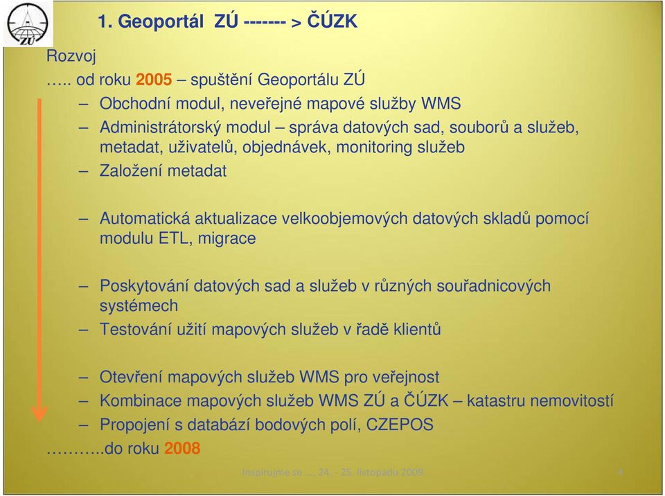 objednávek, monitoring služeb Založení metadat Automatická aktualizace velkoobjemových datových skladů pomocí modulu ETL, migrace Poskytování datových sad a služeb