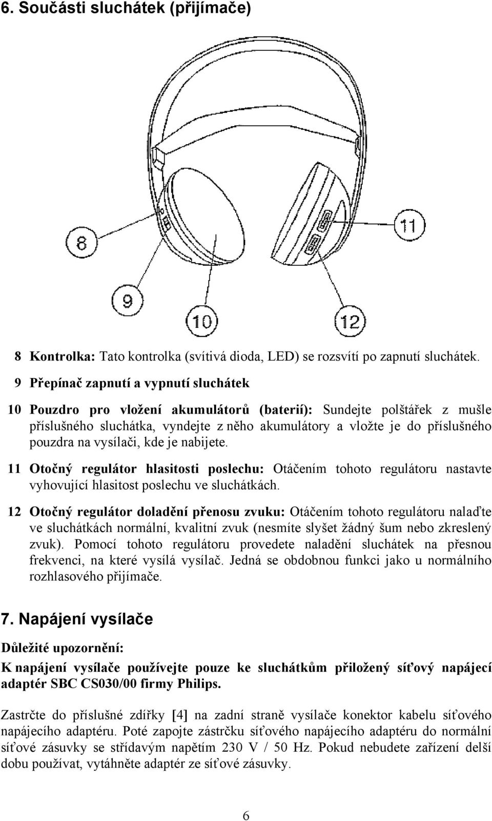 na vysílači, kde je nabijete. 11 Otočný regulátor hlasitosti poslechu: Otáčením tohoto regulátoru nastavte vyhovující hlasitost poslechu ve sluchátkách.