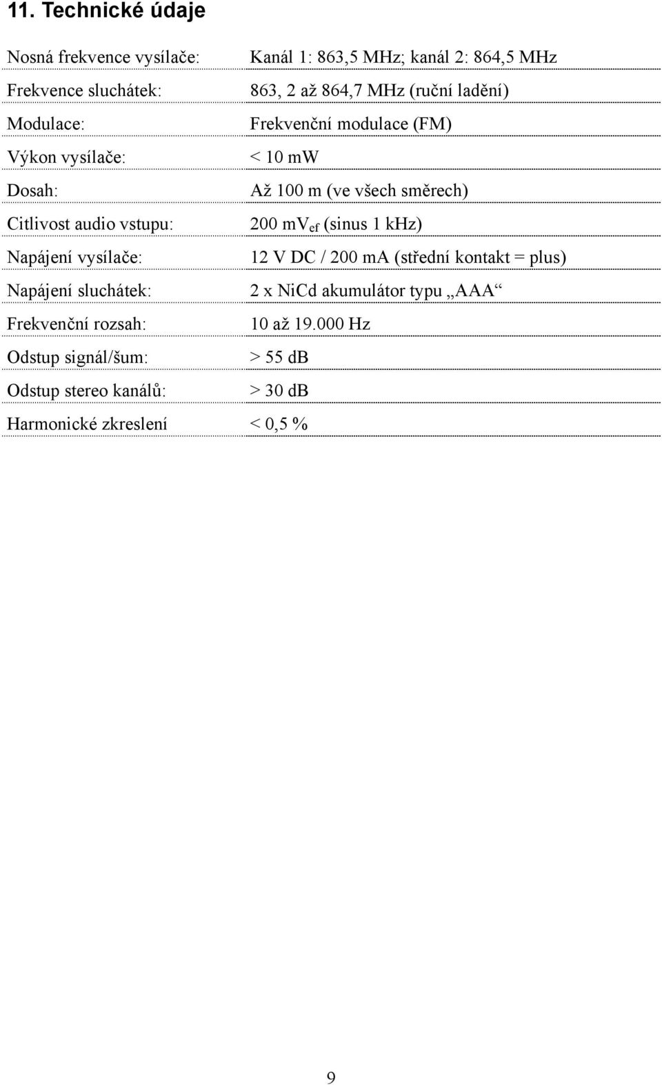 vstupu: 200 mv ef (sinus 1 khz) Napájení vysílače: 12 V DC / 200 ma (střední kontakt = plus) Napájení sluchátek: 2 x NiCd