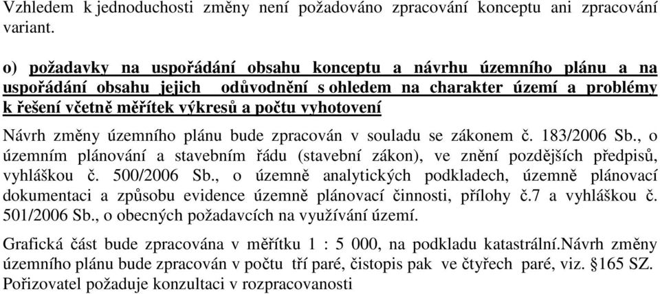 Návrh změny územního plánu bude zpracován v souladu se zákonem č. 183/2006 Sb., o územním plánování a stavebním řádu (stavební zákon), ve znění pozdějších předpisů, vyhláškou č. 500/2006 Sb.